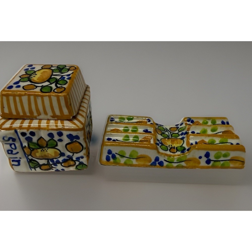 VTG Hand-Decorated Faience Pottery Pen Stand And Inkwell Spain